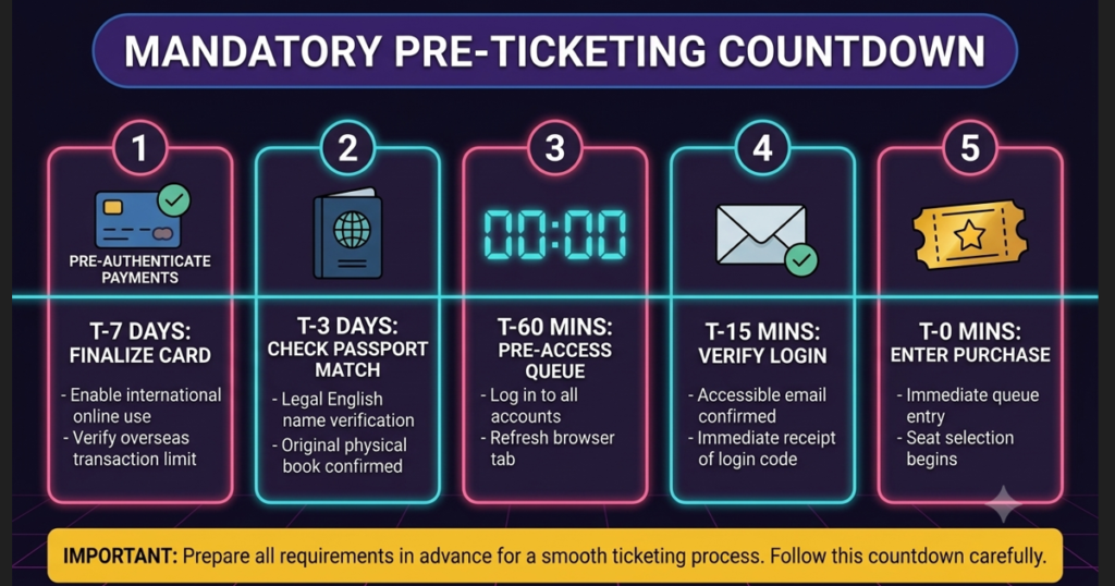 K-pop ticketing day countdown timeline infographic T-7 days to T-0