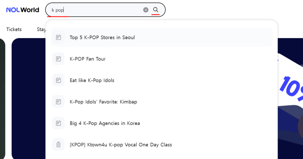 Searching K-pop artist concert on NOL World global ticketing site