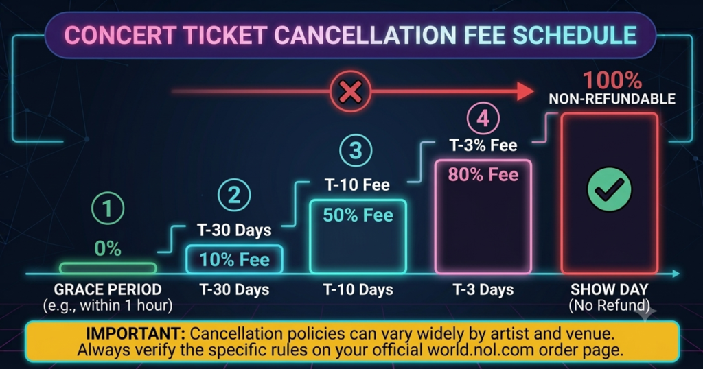NOL World concert ticket cancellation fee schedule chart by day