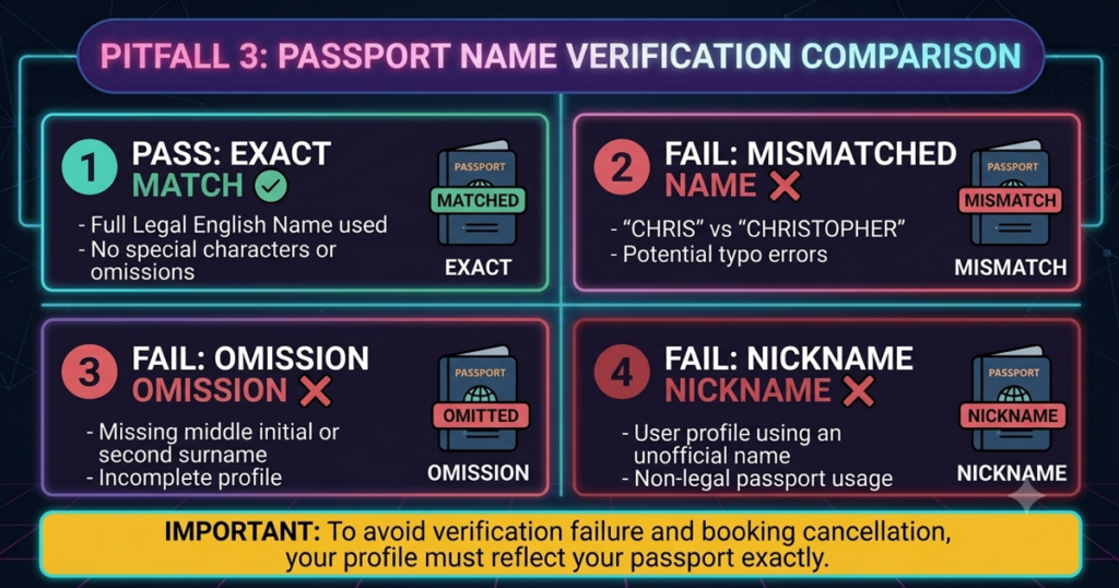 Passport name matching pass fail examples for Korean venue ticket pickup