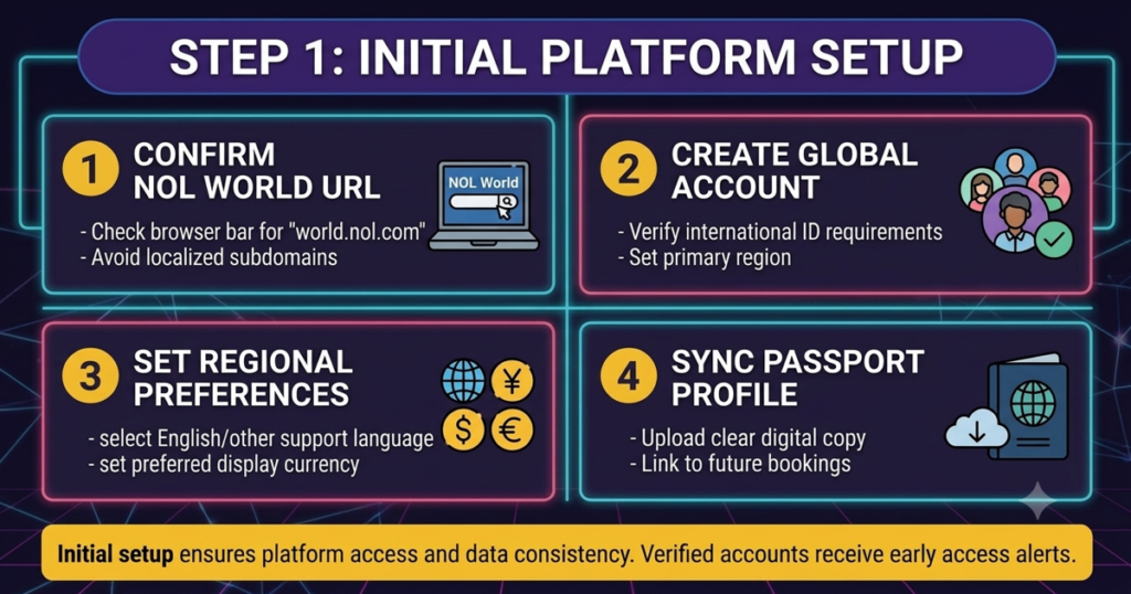 Step 1 initial platform setup guide for NOL World global ticketing