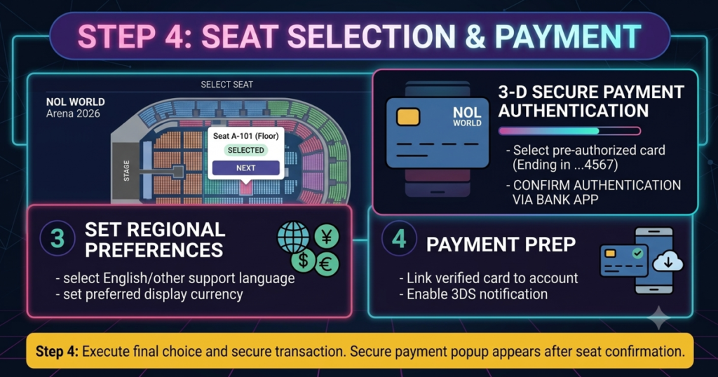 NOL World interactive seat map and 3-D Secure payment authorization popup